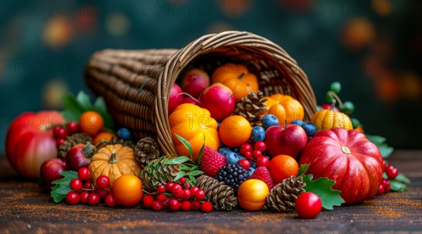 Vibrant autumn fruits and berries tumble from a cornucopia with scattered leaves around, AI generated