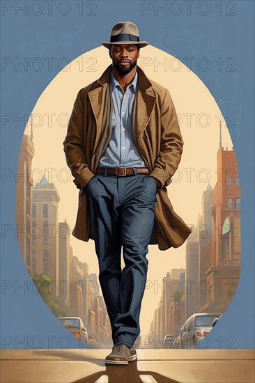 Illustrated man in casual attire stands on a city street with tall buildings under a clear sky ai generated, AI generated