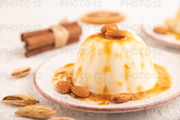 White milk jelly with caramel sauce on gray concrete background. side view, close up, selective focus