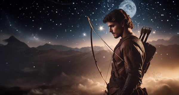 Young man Sagittarius according to the zodiac sign with a bow in his hands with dark hair and green eyes against the background of the starry sky.AI generated