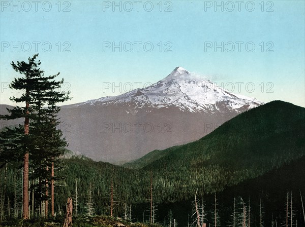 Mount Hood, an active stratovolcano in the Cascade volcanic arc. It was formed by a subduction zone on the Pacific coast and rests in the Pacific Northwest region of the United States, 1890, Historic, digitally restored reproduction after an original from the 19th century Mount Hood, an active stratovolcano in the Cascade Volcanic Arc. It was formed by a subduction zone on the Pacific coast and rests in the Pacific Northwest region of the United States, Historic, digitally restored reproduction from a 19th century original