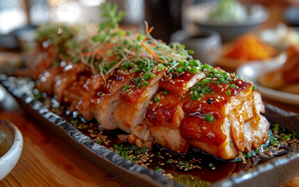 Glazed pork belly topped with sesame seeds and greens, served on a metal plate, AI generated