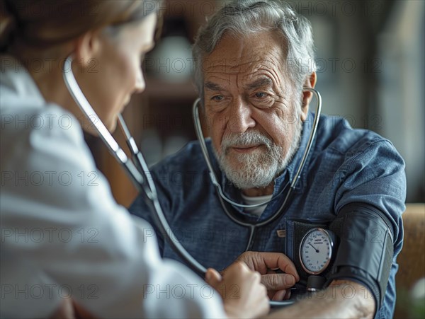 A man checks his blood pressure with a measuring device. Avoidance of bulk hypertension, scarcity, precaution, AI generated