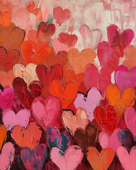 A vibrant abstract painting featuring various shades of red and pink hearts against a soft textured background. Perfect for themes of love, romance, and Valentine Day, AI generated