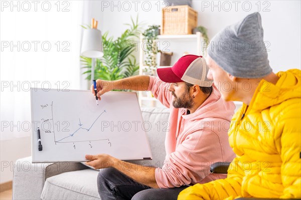 Disabled man learning economy from home with a particular teacher that uses a white board to draw a graphic