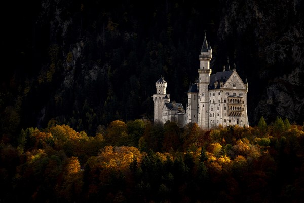 New Schwanstein Castle with colourful autumn leaves, Schwangau, Ostallgaeu, Swabia, Bavaria, Germany, Europe
