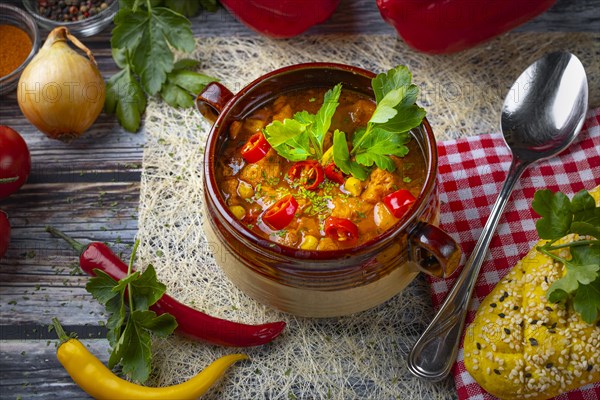 Colourful goulash soup in a ceramic cup, decorated with parsley, surrounded by ingredients