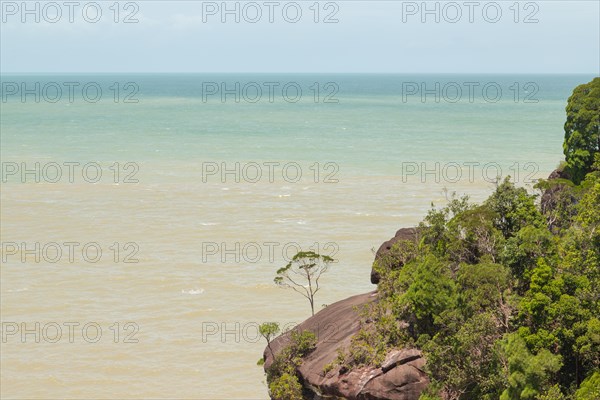 Bako national park, sea sandy beach, sunny day, blue sky and sea. Vacation, travel, tropics concept, no people, Malaysia, Kuching, Asia