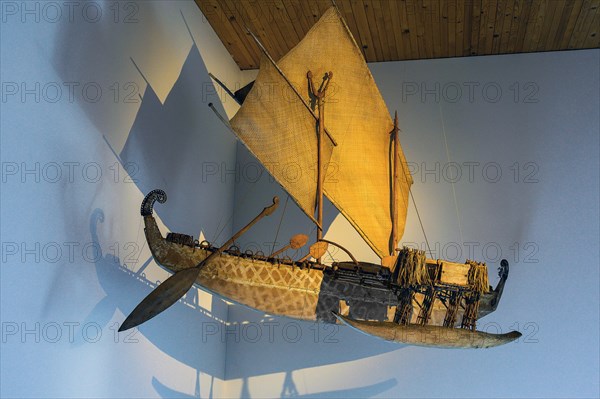 Two-masted South Sea sailing boat with outrigger, model, South Sea collection, Obergünzburg, Allgäu, Bavaria, Germany, Europe