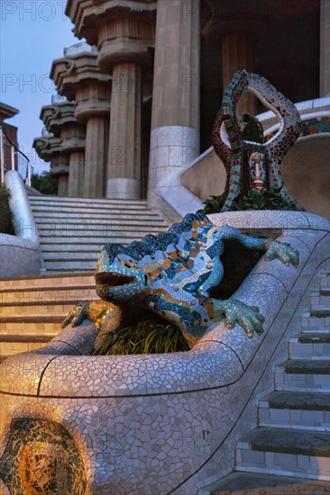 Dragon Staircase, Staircase in Park Güell, Sculpture Salamander El Drac, Mosaic, Trencadis, Sunrise, Gracia, Barcelona, Spain, Europe