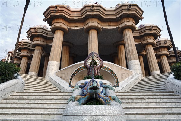 Empty dragon staircase, Staircase in Park Güell, Salamander El Drac, Mosaic, Dawn, Gracia, Barcelona, Spain, Europe