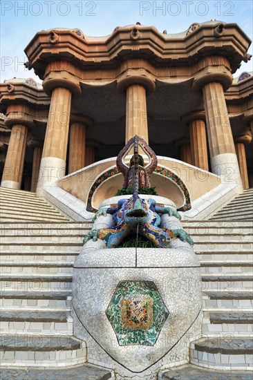 Empty dragon staircase, Staircase in Park Güell, Salamander El Drac, Mosaic, Dawn, Gracia, Barcelona, Spain, Europe