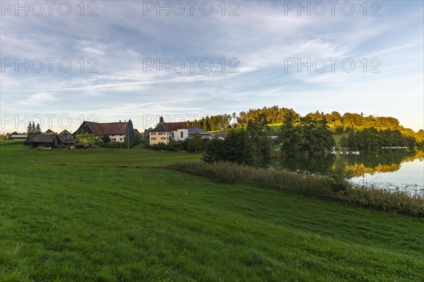Kressbronn am Lake Constance, district Nitzenweiler, Hofgut Schleinsee, lakeside, chapel, pasture, water reflection, forest, Baden-Württemberg, Germany, Europe