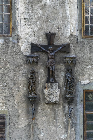 Meersburg on Lake Constance, Old Castle, residential castle, crucifixion scene above entrance, Baden-Württemberg, Germany, Europe
