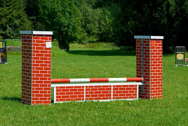 Obstacle, hurdle for horses stands on a green meadow