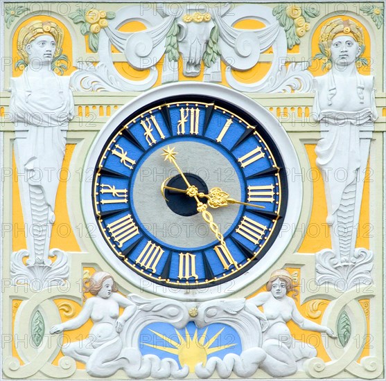 Clock on the tower of the Müllerschen Volksbad, Art Nouveau, Jugendstil, built in 1901, Munich, Bavaria, Germany, Europe