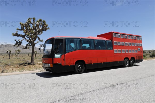 Rotel, the hotel on wheels, left Joshua palm lily, Joshua tree, Joshua Tree (Yucca brevifolia), Joshua Tree National Park, Palm Desert, Southern California, USA, North America