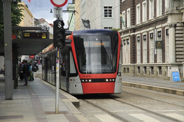 Light rail city transport system in city centre at Byparken stop, Bergen, Norway destination Laguna