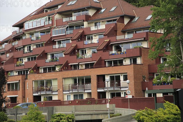 Tiered layers of apartment housing in Fantoft suburb, Bergen, Norway, Europe
