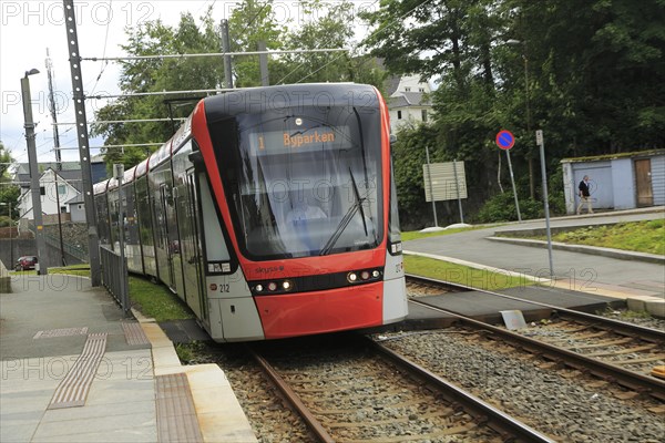 Light rail city transport system tram train, Bergen, Norway destination Byparken