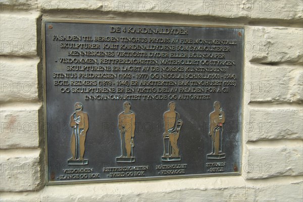 Information about the Four virtues statues outside law court building, city Bergen, Norway, information panel, Europe