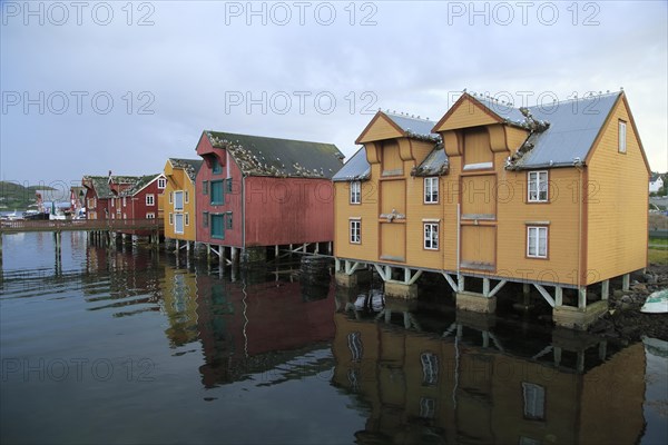 Traditional harbour buildings in fishing village of Rorvik, Norway, Europe