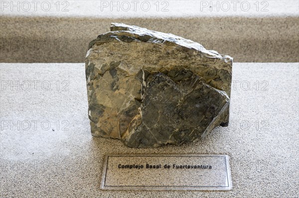 Complex basal rock sample from Fuerteventura, geology display Casa de los Volcanes volcanic study centre, Lanzarote, Canary island, Spain, Europe