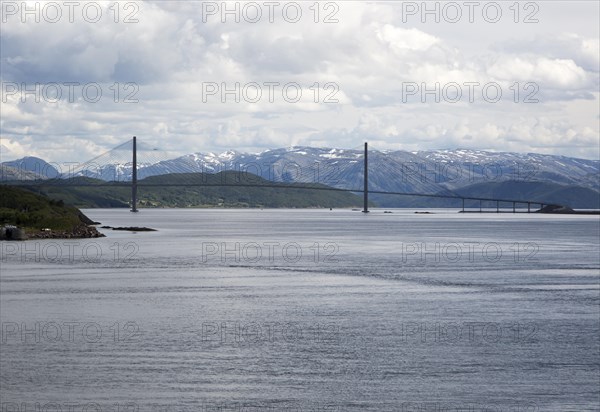 Large concrete cantilever road bridge crossing fiord at Helgeland Bridge, Sandnessjoen, Nordland, Norway, Europe
