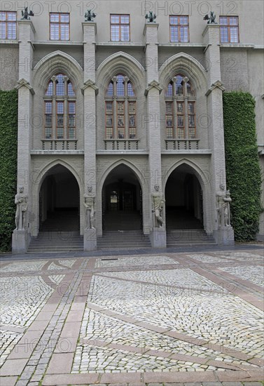 Four cardinal virtues statues outside law court building, city of Bergen, Norway, Europe