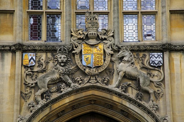 Heraldic emblems over entrance to Brasenose College building frontage University of Oxford, England, UK
