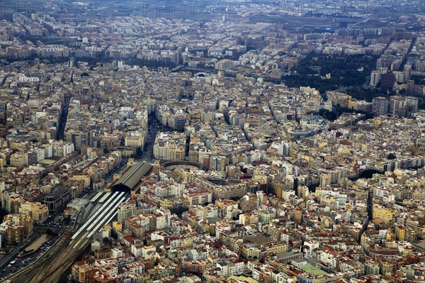 Aerial view of city centre of Valencia, Spain Estació del Nord railway station area