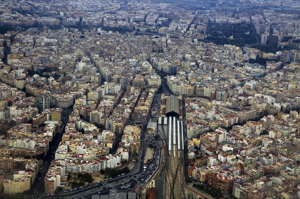 Aerial view of city centre of Valencia, Spain Estació del Nord railway station area