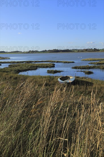 Winter landscape with small beached boat, River Deben, Ramsholt, Suffolk, England, UK