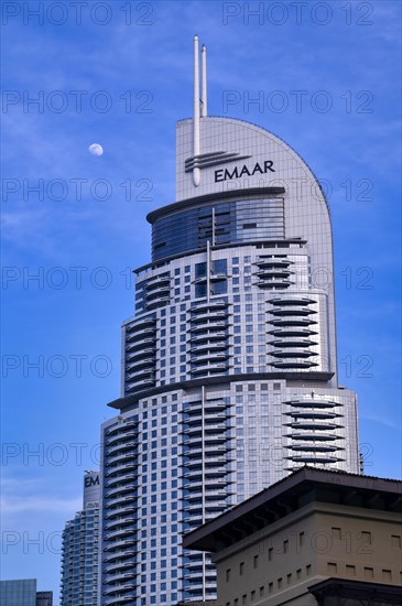 Hotel The Address Downtown, Skyscrapers, High-rise buildings, Financial District, Logo EMAAR, Downtown, Dubai, Moon, United Arab Emirates, VAR, Asia