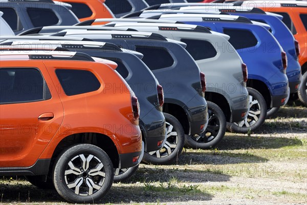 New Dacia cars parked in a car terminal at the port of Duisburg, 11.04.2022