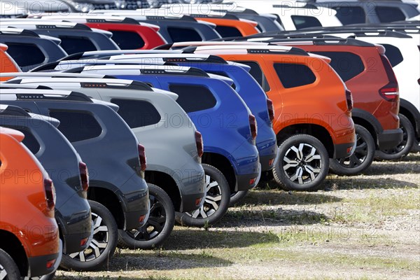 New Dacia cars parked in a car terminal at the port of Duisburg, 11.04.2022