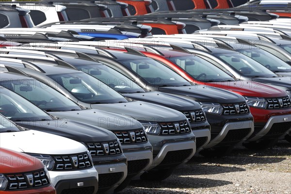New Dacia cars parked in a car terminal at the port of Duisburg, 11.04.2022