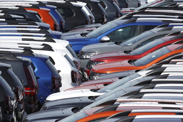 New Dacia cars parked in a car terminal at the port of Duisburg, 11.04.2022