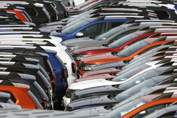 New Dacia cars parked in a car terminal at the port of Duisburg, 11.04.2022