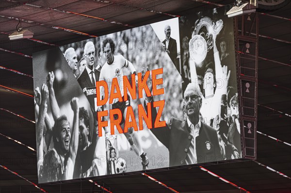 Pictures of Franz Beckenbauer with the inscription Danke Franz on the scoreboard, FC Bayern Munich funeral service for Franz Beckenbauer, Allianz Arena, Fröttmaning, Munich, Upper Bavaria, Bavaria