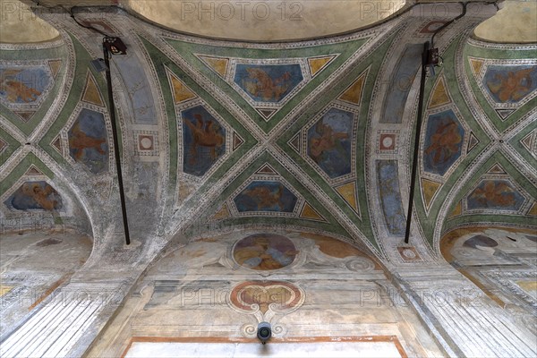 Fresco painting in the vaulted ceiling in the entrance portal of the church of San Pietro ion Banchi, consecrated in 1585, Piazza Banchi Genoa, Italy, Europe