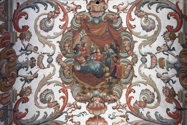 Interior view, ceiling painting, church, Igreja da Misericordia, Ursulinas, Viana do Castelo, Portugal, Europe