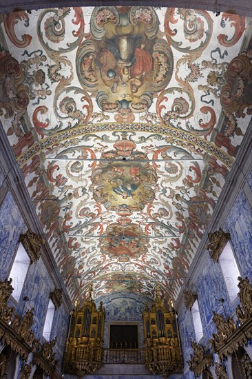Interior view, ceiling painting, organ, church, Igreja da Misericordia, Ursulinas, Viana do Castelo, Portugal, Europe
