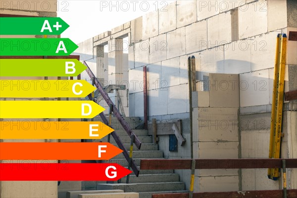 Construction site of a new housing estate, graphic with energy efficiency classes for buildings according to the GEG, Düsseldorf, Germany, Europe
