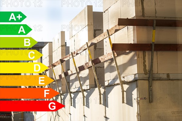 Construction site of a new housing estate, graphic with energy efficiency classes for buildings according to the GEG, Düsseldorf, Germany, Europe