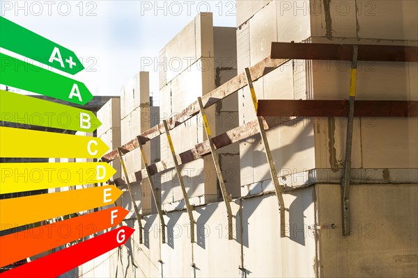Construction site of a new housing estate, graphic with energy efficiency classes for buildings according to the GEG, Düsseldorf, Germany, Europe
