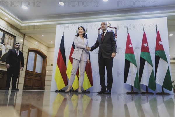 (L-R) Annalena Bärbock (Alliance 90/The Greens), Federal Foreign Minister, and Ayman Safadi, Foreign Minister of Jordan, photographed during a joint meeting in Amman, 27 January 2024. Foreign Minister Bärbock is travelling on to Jordan for political talks at short notice after her trip to East Africa / Photographed on behalf of the Federal Foreign Office