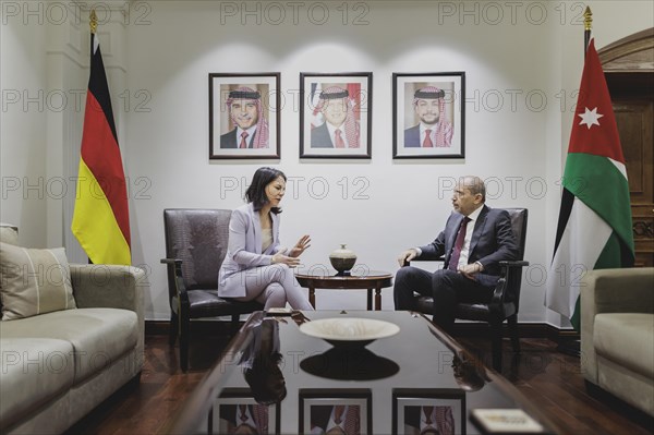(L-R) Annalena Bärbock (Alliance 90/The Greens), Federal Foreign Minister, and Ayman Safadi, Foreign Minister of Jordan, photographed during a joint meeting in Amman, 27 January 2024. Foreign Minister Bärbock is travelling on to Jordan for political talks at short notice after her trip to East Africa / Photographed on behalf of the Federal Foreign Office