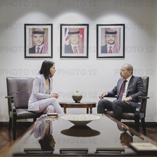 (L-R) Annalena Bärbock (Alliance 90/The Greens), Federal Foreign Minister, and Ayman Safadi, Foreign Minister of Jordan, photographed during a joint meeting in Amman, 27 January 2024. Foreign Minister Bärbock is travelling on to Jordan for political talks at short notice after her trip to East Africa / Photographed on behalf of the Federal Foreign Office