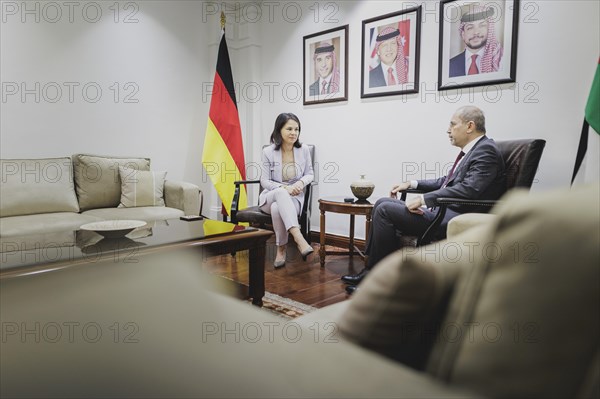 (L-R) Annalena Bärbock (Alliance 90/The Greens), Federal Foreign Minister, and Ayman Safadi, Foreign Minister of Jordan, photographed during a joint meeting in Amman, 27 January 2024. Foreign Minister Bärbock is travelling on to Jordan for political talks at short notice after her trip to East Africa / Photographed on behalf of the Federal Foreign Office